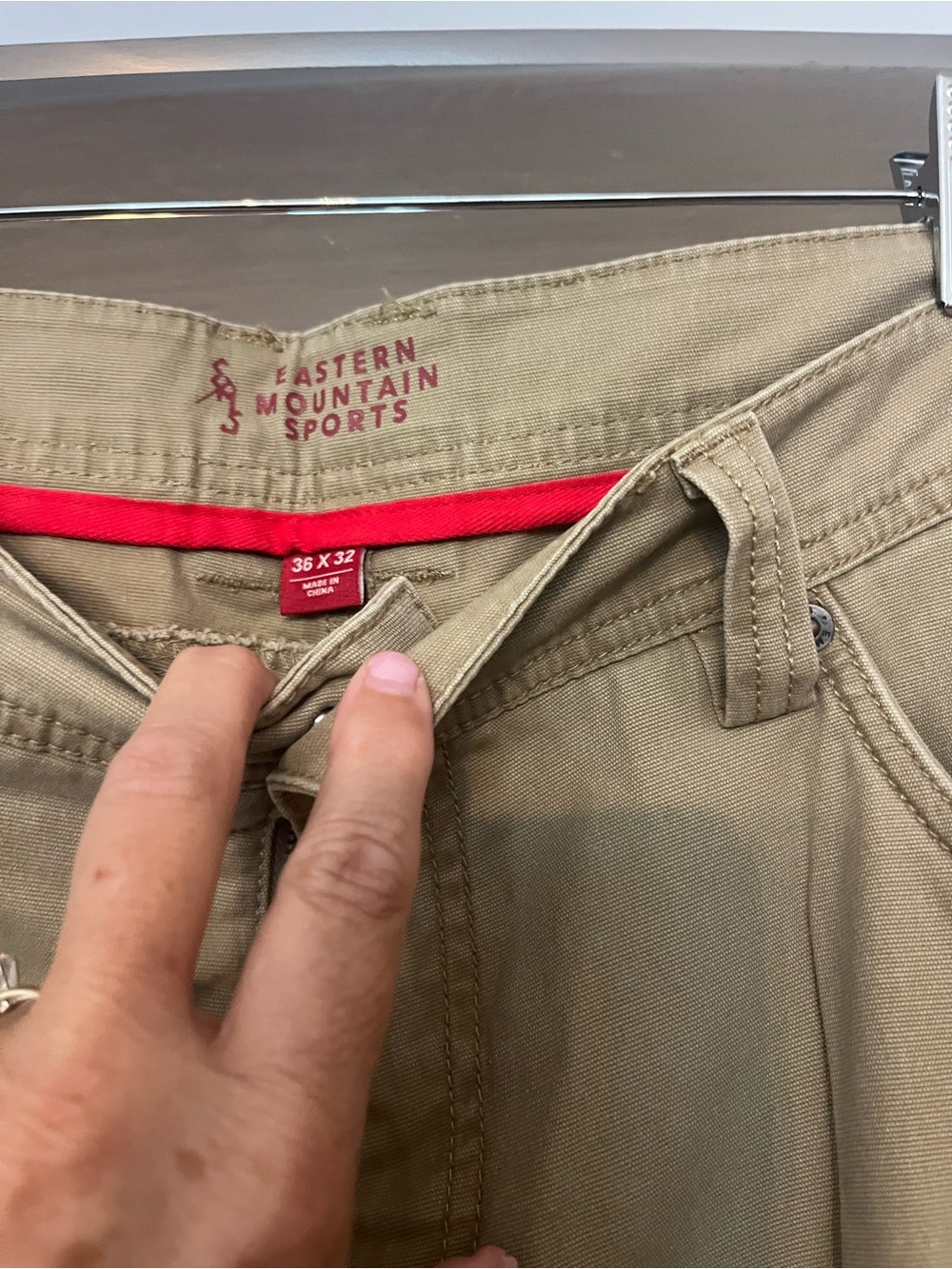 Eastern Mountain Sports Tan Chino Pants with Red Waistband Accent